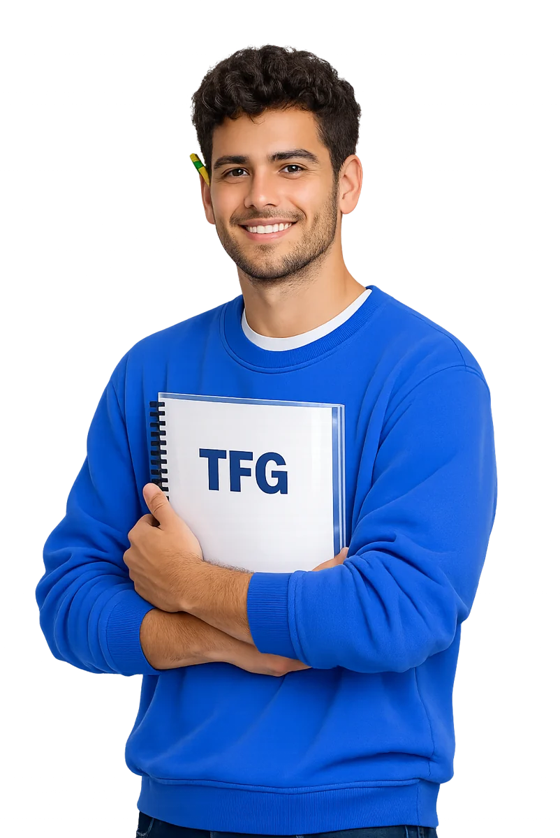 Estudiante con su TFG impreso y encuadernado en Copistería Low Cost