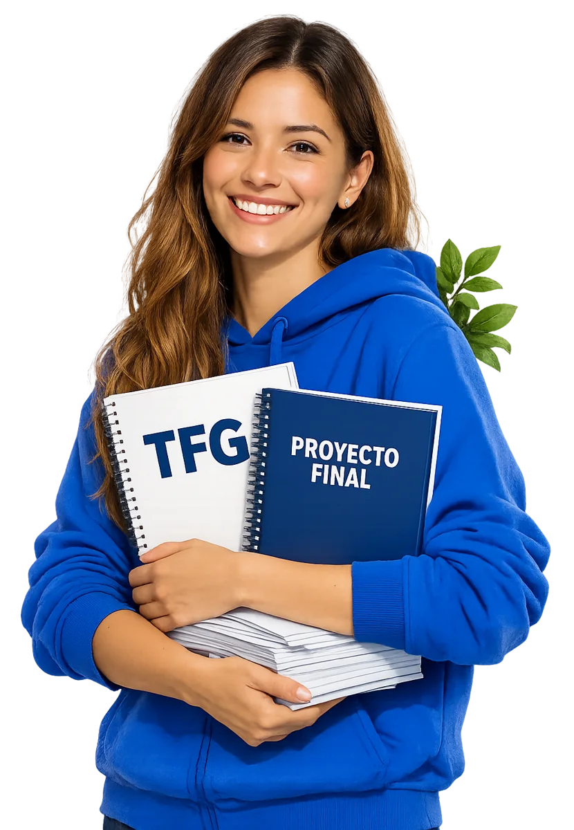 Estudiante con su TFG y proyecto final impresos y encuadernados